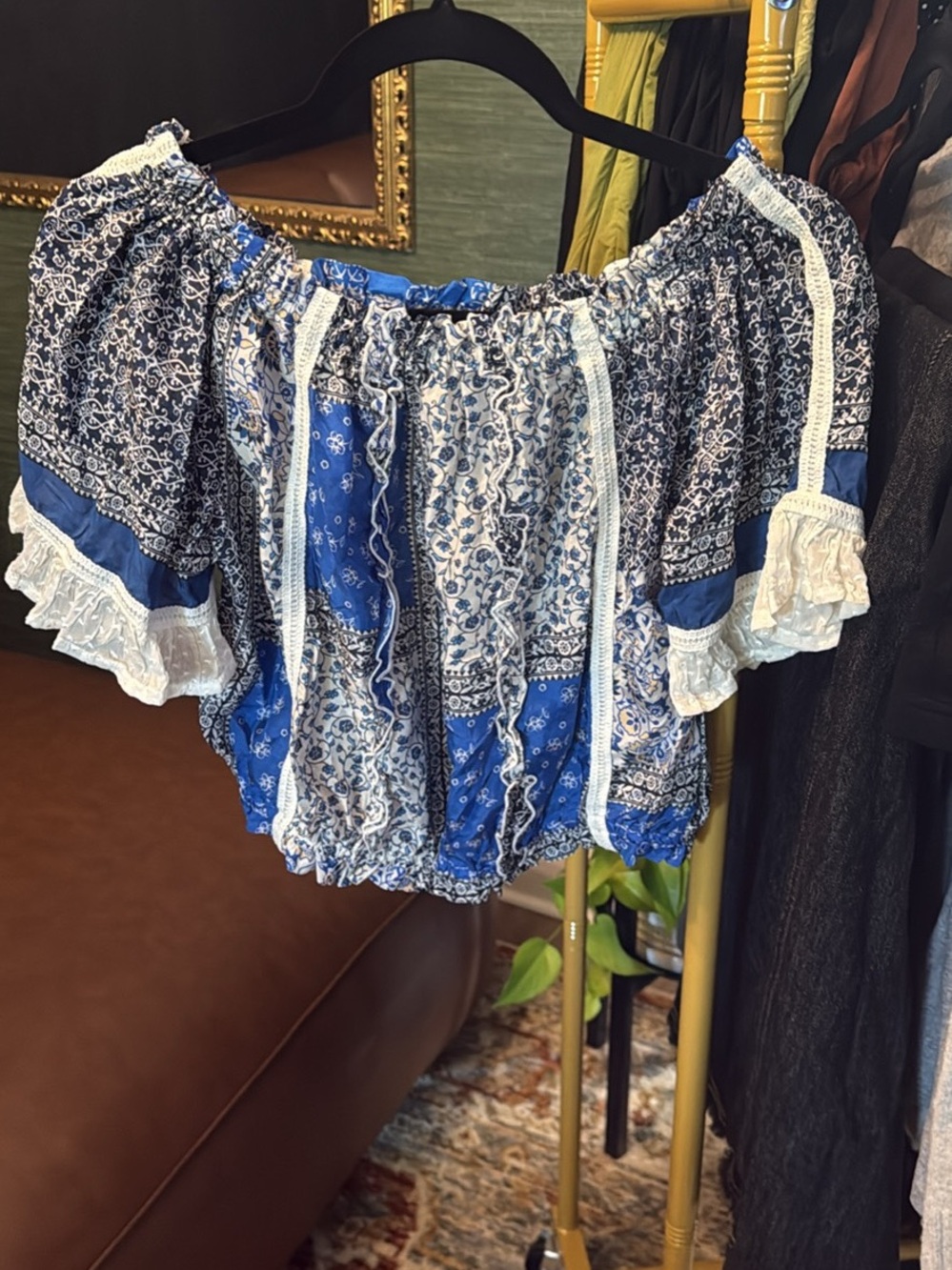 Sundry Blue & White Off-Shoulder Peasant Tunic